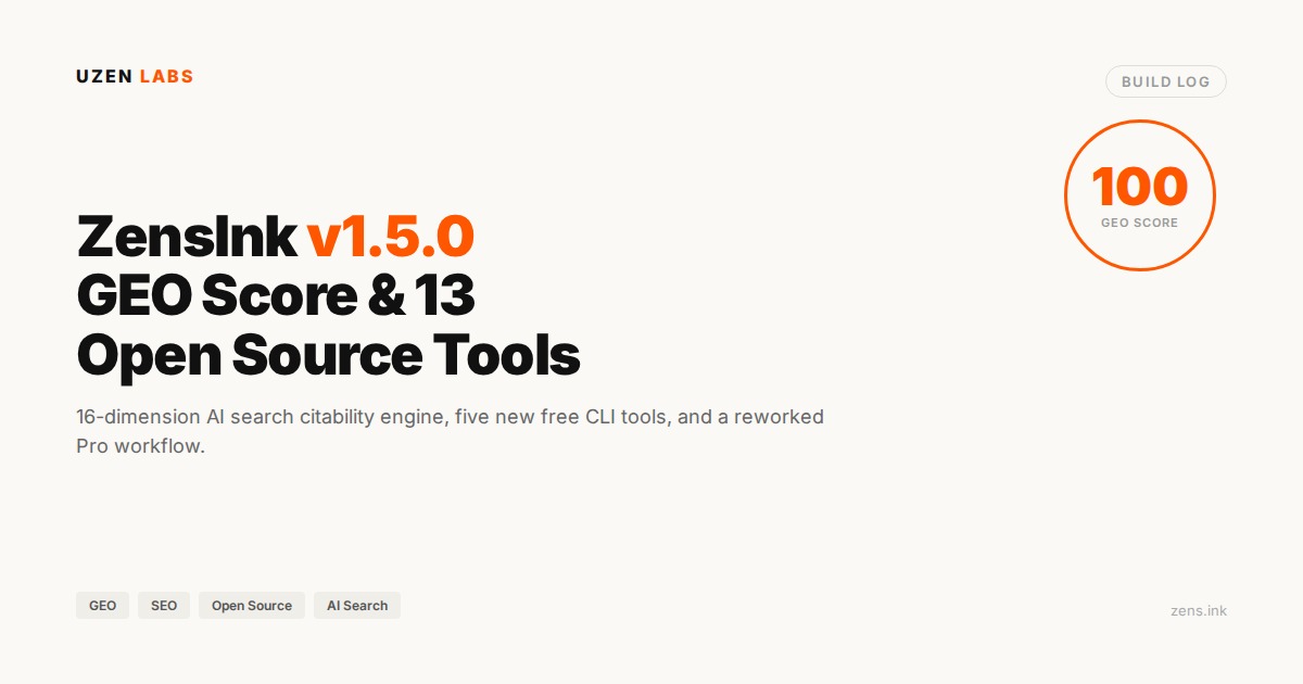 ZensInk v1.5.0: GEO Score, 13 Open Source Tools, and the Pro Engine